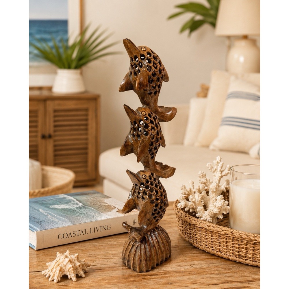 Vintage Hand Carved Wood Dolphin Sculpture‎ Figurine Coastal Beach Decor